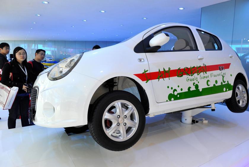 (FILES) In this file photo taken on April 21, 2011, an electric car prototype of Chinese car manufacturer Geely is displayed at the Shanghai Auto Show in Shanghai./AFP