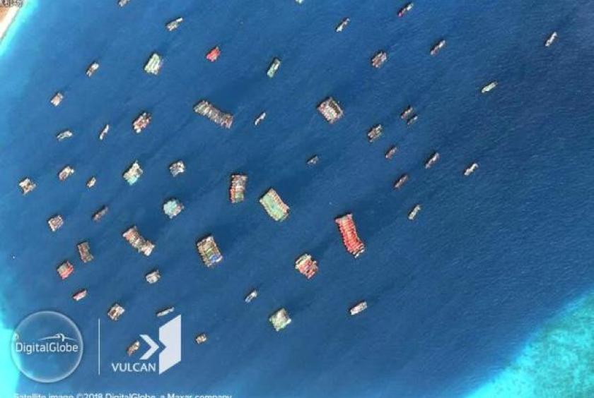 Chinese fishing vessels at Subi Reef on August 12, 2018. (Photo from Asia Maritime Transparency Initiative)