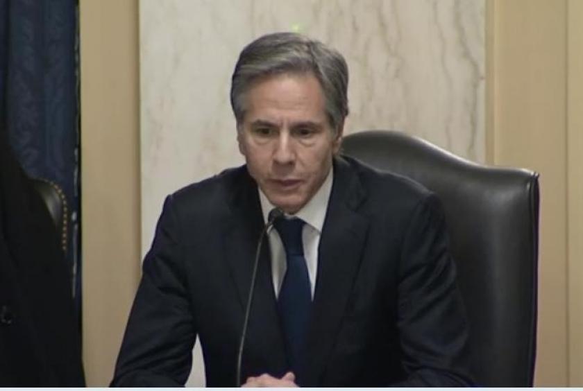 This image captured from the website of the Senate Foreign Relations Committee shows US President-elect Joe Biden's pick for secretary of state, Antony Blinken, speaking during his senate confirmation hearing in Washington on Tuesday. (Senate Foreign Relations Committee)