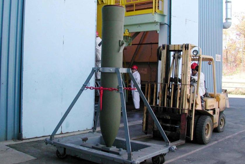 This US Navy released photo shows a completed BLU-118B thermobaric bomb as it stands ready for shipping 02 February, 2002 at the Naval Surface Warfare Center (NSWC) in Indian Head, Maryland. Engineers at NSWC developed the thermobaric explosives, which were used for the first time against Al Qaida and Taliban forces 02 March, 2002, during combat missions in support of Operation Anaconda in Eastern Afghanistan. (AFP/Handout)