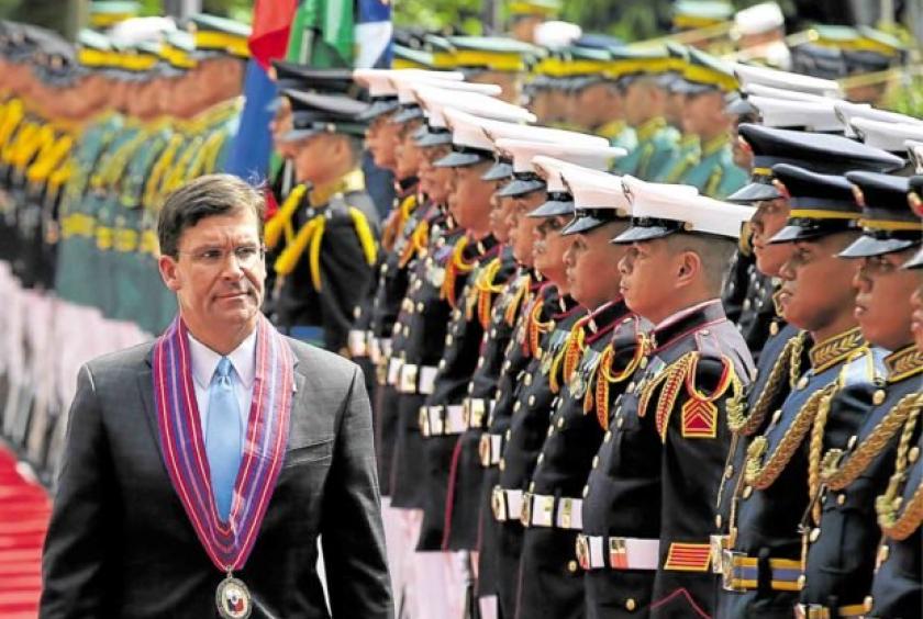 ARRIVAL HONORS Philippine troops at the national defense grounds in Camp Aguinaldo welcome US Defense Secretary Mark Esper. —LYN RILLON
