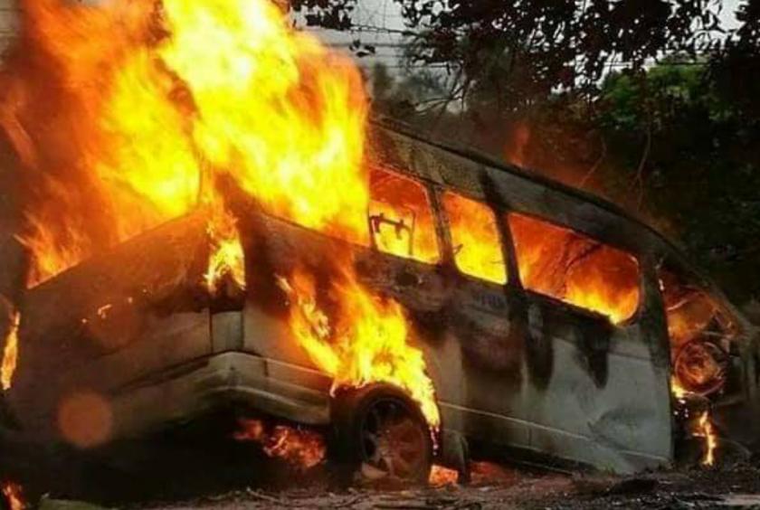 The vehicle leaving for Mae Sot engulfed in flames.
