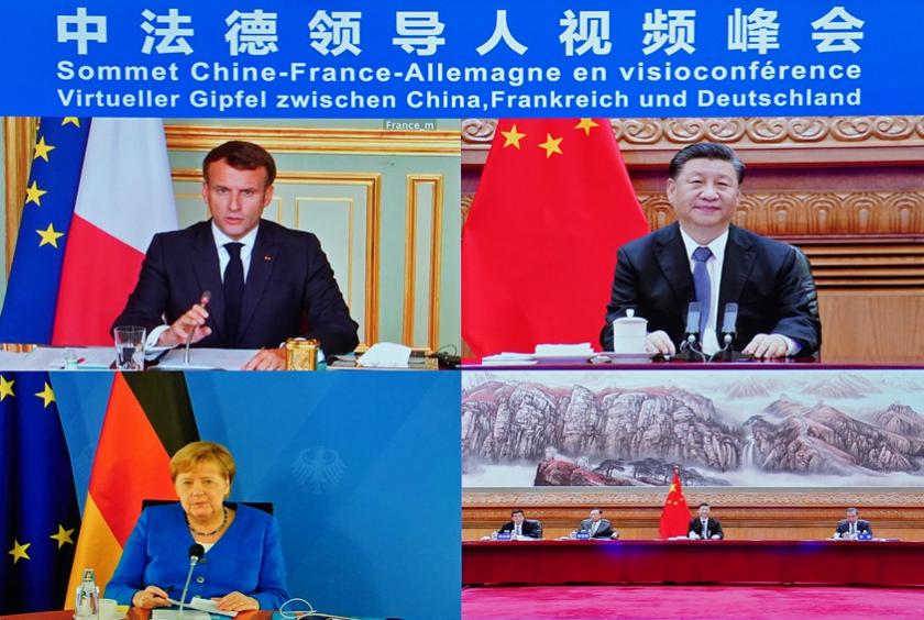 President Xi Jinping in Beijing meets in a virtual summit with French President Emmanuel Macron and German Chancellor Angela Merkel on Monday. He called on China and Europe to expand their consensus and cooperation in order to play an important role in properly responding to global challenges. YUE YUEWEI/XINHUA
