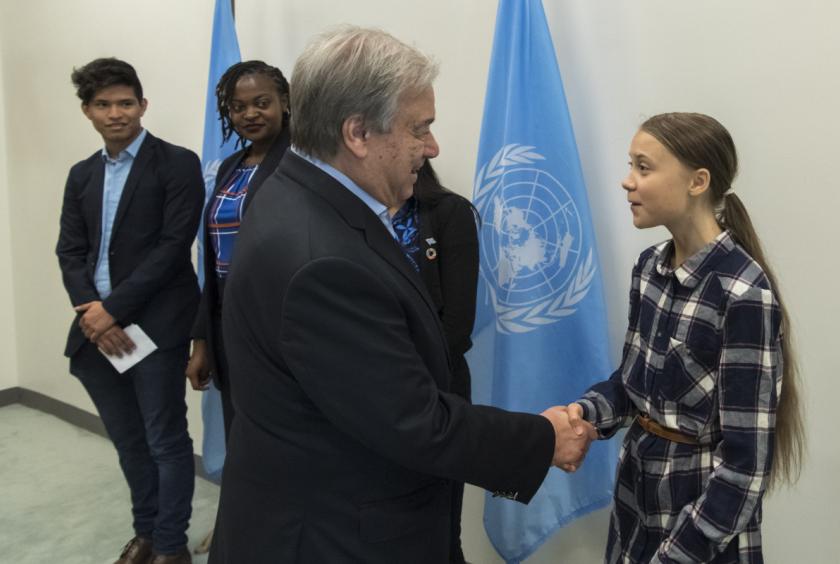 Antonio Guterres, UN Secretary General, shakes hands with Greta Thunberg, teenage climate change activist, during UN General Assembly last week.