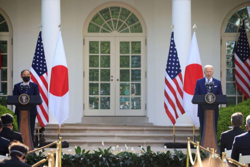 Japanese Prime Minister Yoshihide Suga and US President Joe Biden holding a joint news conference in the Rose Garden at the White House.PHOTO: REUTERS
