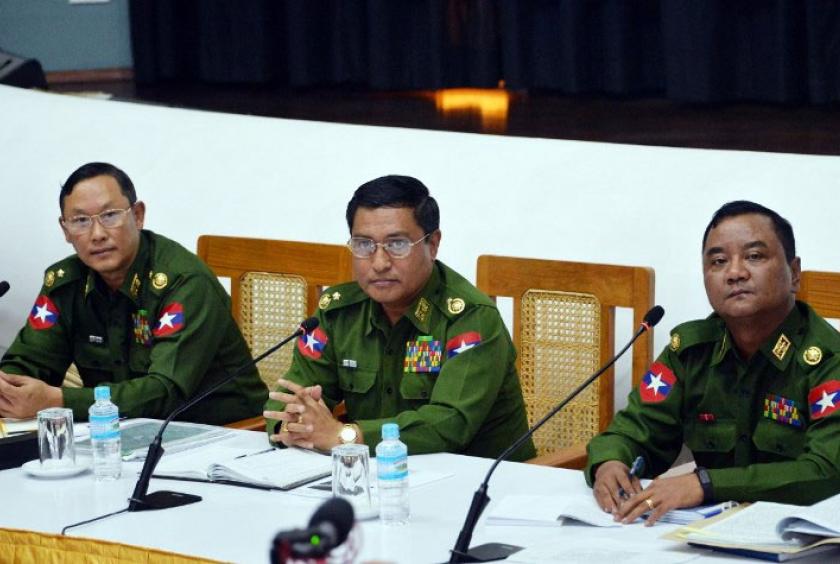 Myanmar Army top officials Major General Tun Tun Nyi (L), Major General Soe Naing Oo (C) and Major General Zaw Min Tun (R) attend a rare military press conference at the Defence Service Museum in capital Naypyidaw on January 18, 2019. Myanmar's army said January 18 it killed 13 ethnic Rakhine fighters in counterstrikes after the well-armed group carried out deadly attacks on police posts earlier this month. (AFP/Thet Aung)