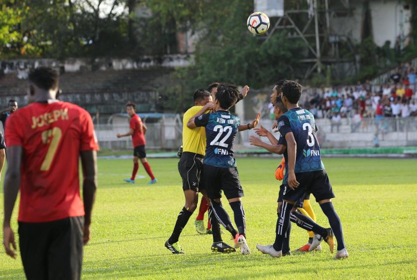 Min Kyaw Khat wearing No 22 jersey of Yangon United forcibly pushes the chest of the referee in the final match of General Aung San Shield 2008. (MFF)