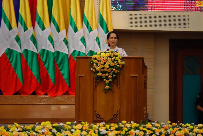 Aung San Suu Kyi makes a speech at Advisory Forum on National Reconciliation and Peace in Myanmar at Myanmar International Convention Centre II in Nay Pyi Taw on November 21.