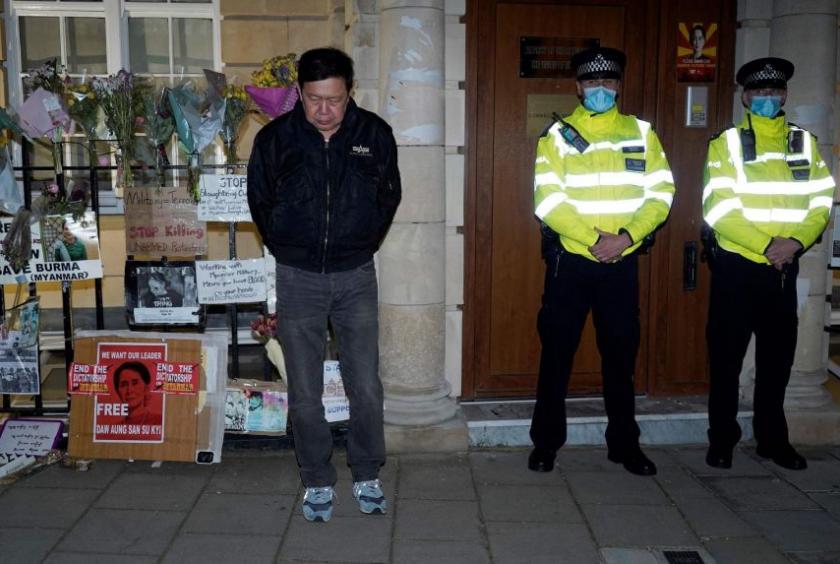 Myanmar's ambassador to Britain Kyaw Zwar Minn standing outside the Myanmar Embassy in London after being locked out, on April 7, 2021.PHOTO: AFP