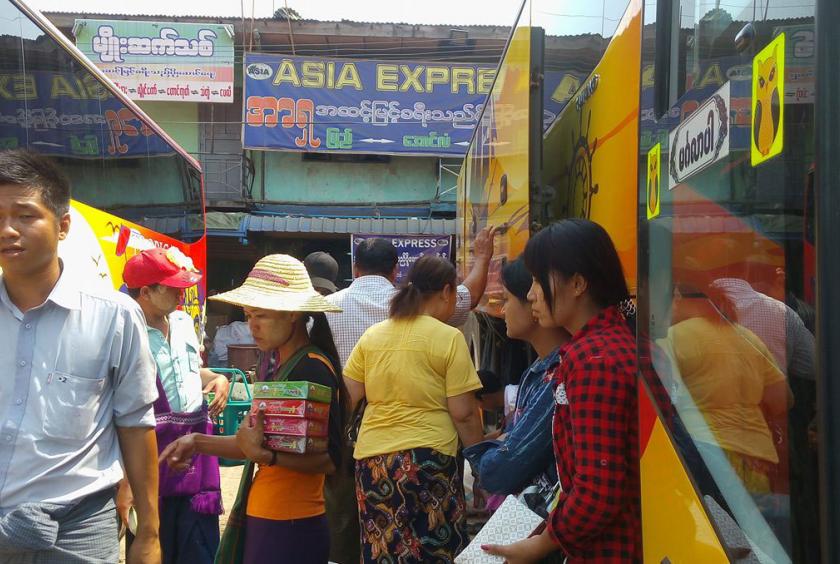 Buses in the compound of Aungmingalar Highway Bus Terminal. (Photo-Nilar)  