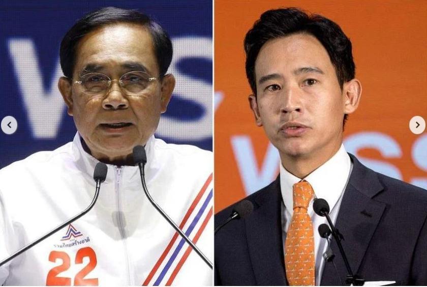 Caretaker Prime Minister Prayut Chan-o-cha (left) or Move Forward Party leader Pita Limjaroenrat could be installed as premier. PHOTOS: EPA-EFE, AFP
