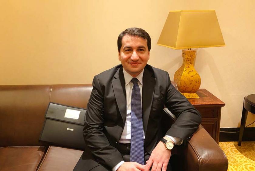 Hikmat Hajiyev, head of the Foreign Affairs Department of the Presidential Administration of Azerbaijan, spoke to China Daily on April 11, 2019. [Photo by Chen Liubing/chinadaily.com.cn]