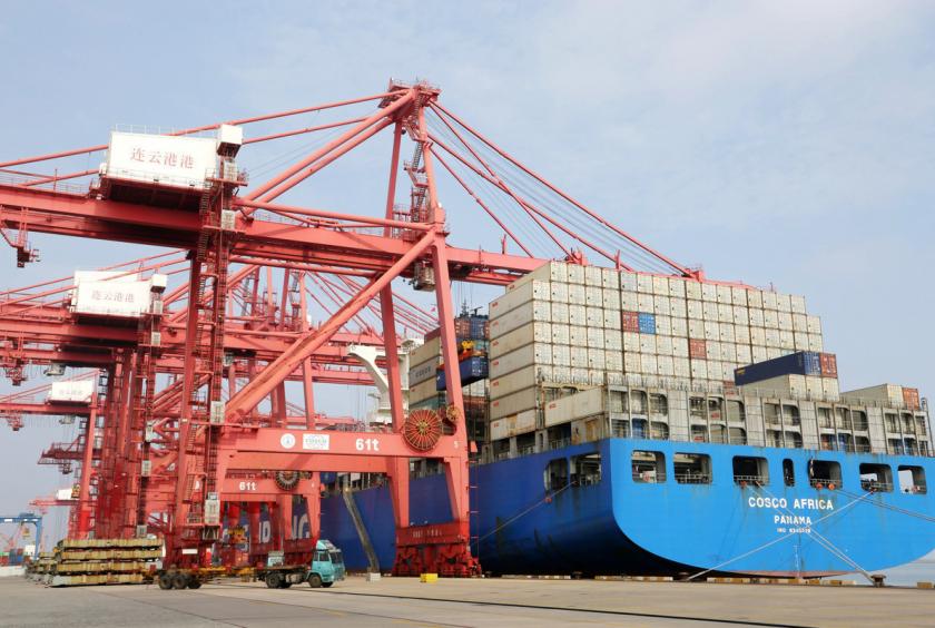 An ocean shipping cargo ship unloads cargoes at the container terminal of the Port of Lianyungang, East China's Jiangsu province, on July 14, 2020. [Photo/Xinhua]