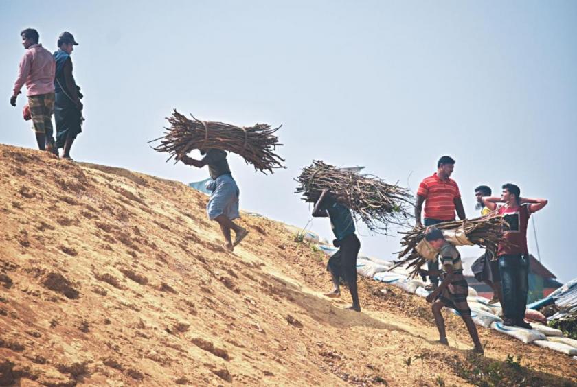 This photo taken last year shows Rohingyas carrying logs on a hill slope in Ukhia. Researchers say the main reasons for deforestation in Cox’s Bazar include cutting down of trees to make space for Rohingya camps, build homes and to use as fuel. Photo: Mokammel Shuvo