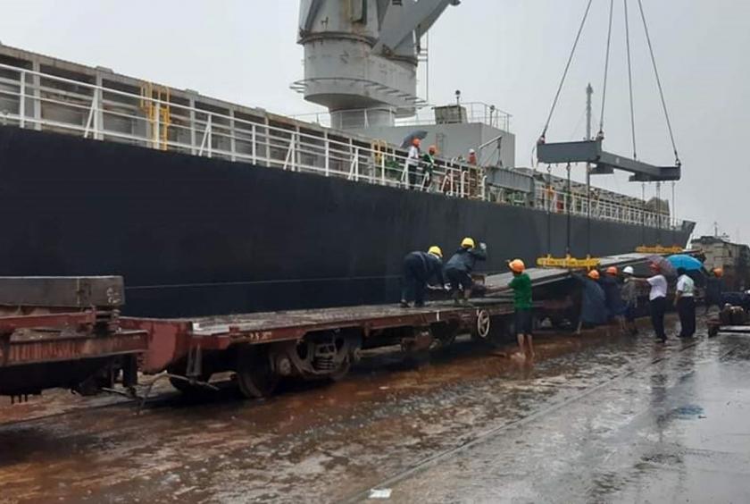 Istoyra general cargo ship carrying rail tracks docked at Sule port