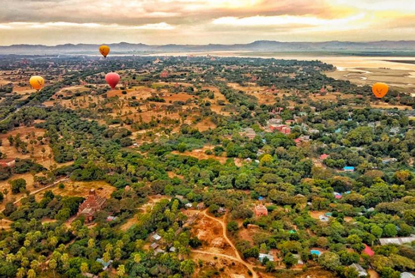 Aerial view of Bagan from a hot air balloon
