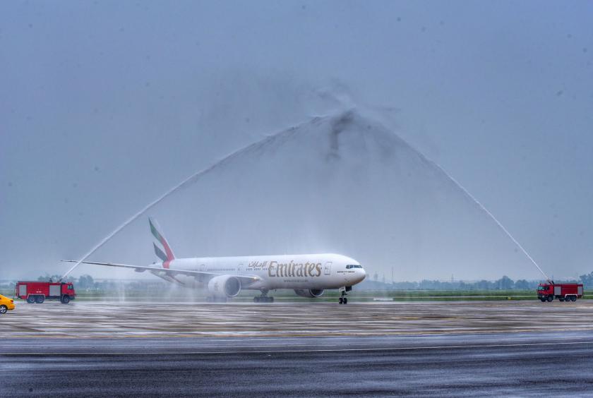 An Emirates plane seen at Yangon International Airport