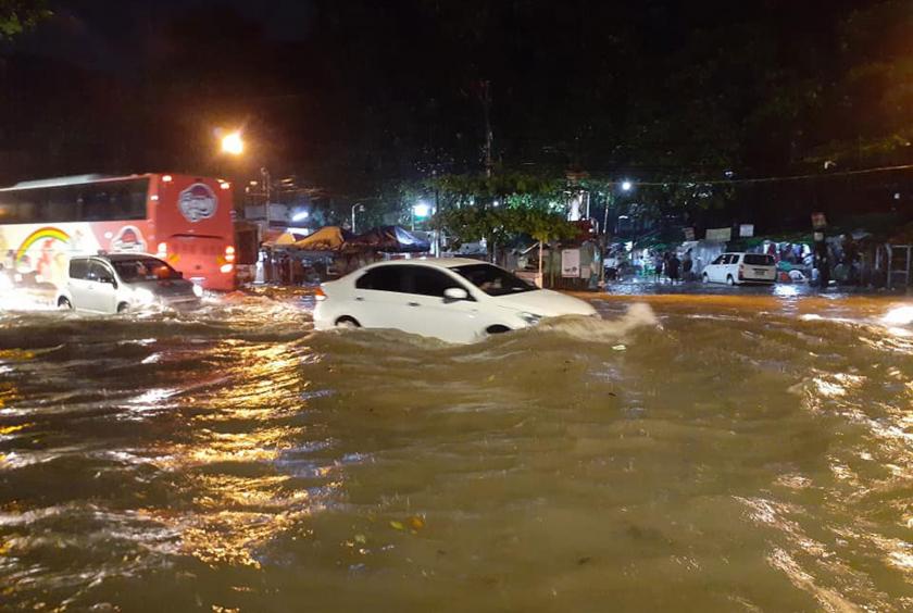 Water covered streets in Yangon due to torrential rain (Photo-Myo Tun)