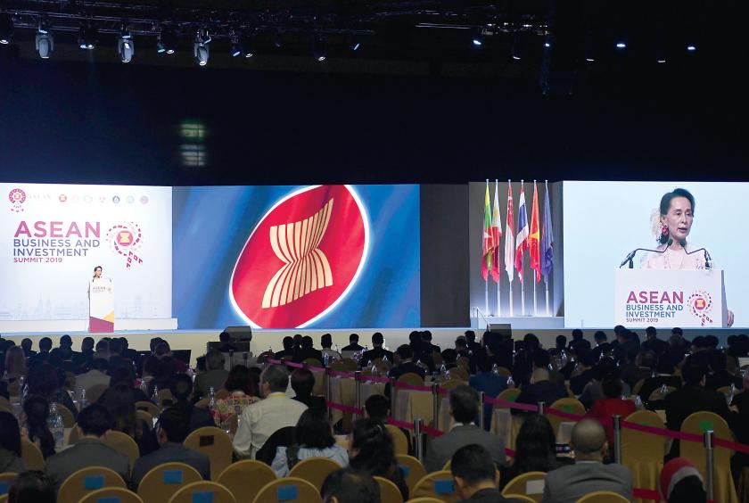 Myanmar State Counsellor Daw Aung San Suu Kyi gives a speech at Asean Business and Investment Summit 2019 in Bangkok.