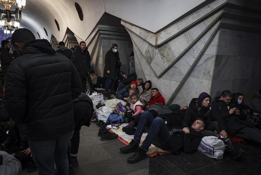  Ukrainian people sheltering in Pushkinskaya underground station in Kharkiv, Ukraine, on Feb 24, 2022. PHOTO: EPA-EFE