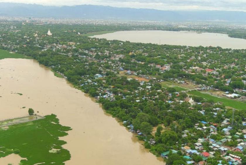 An aerial view shows flooded villages after the embankment collapse (Photo-Mandalay News Team) 