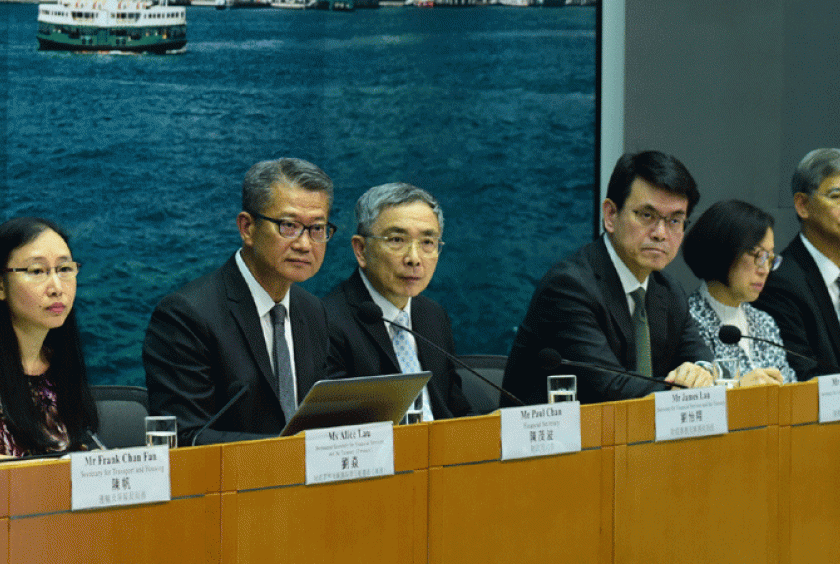 Hong Kong Financial Secretary Paul Chan Mo-po (2nd left) holds a press conference on Aug 15, 2019 to announce measures to boost Hong Kong economy. Also present were Permanent Secretary for Financial Services and the Treasury (Treasury), Lau Yim (1st left), Secretary for Financial Services and the Treasury Lau Yee-cheung (3rd left), Secretary for Commerce and Economic Development Edward Yau (3rd right), Secretary for Food and Health Sophia Chan (2nd right) and Secretary for Labour and Welfare Law Chi-kwong (