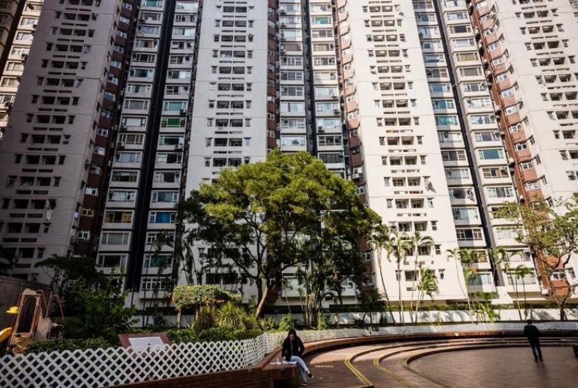 A woman reads outside a public housing estate in Hong Kong on Jan 22, 2019. (ANTHONY WALLACE / AFP)