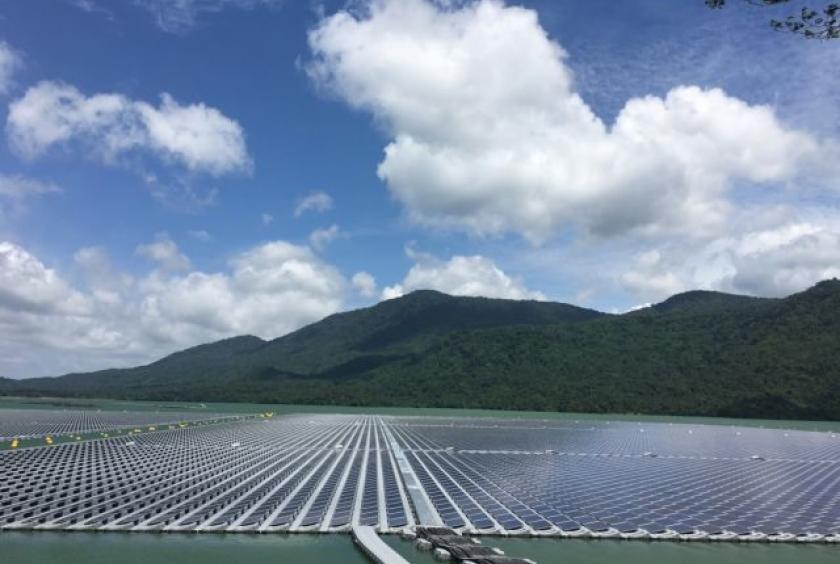 Solar panels are installed on the floating system on Đa Mi reservoir. Việt Nam’s first float solar farm in Bình Thuận Province was successfully connected to the power grid in May this year. — Photo courtesy of DHD/ADB