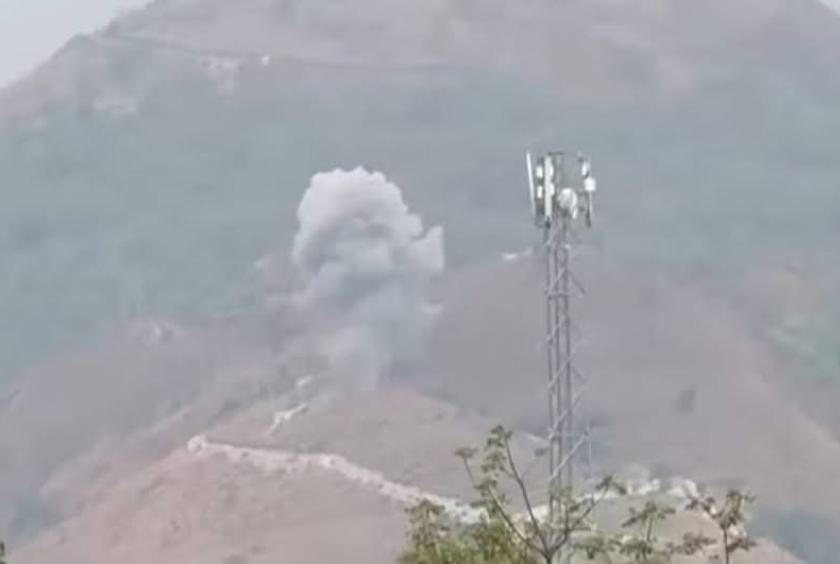 Smoke rising from fighting in Kutkai town is seen in video footage circulating on social media.