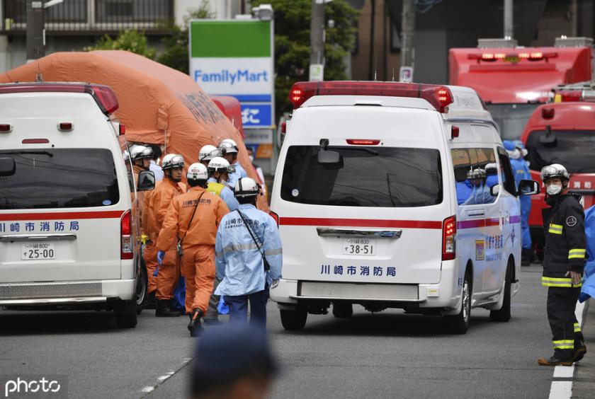 A photo shows a site where at least 16 people reportedly are stabbed on a street in Tama Ward, Kawasaki City, Kanagawa Prefecture, adjacent to Tokyo on May 28, 2019. [Photo/IC]
