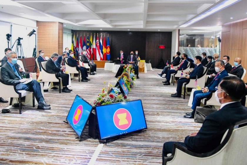Leaders attending the Asean summit on the Myanmar crisis in Jakarta on April 24, 2021.PHOTO: INDONESIAN PRESIDENTIAL PALACE