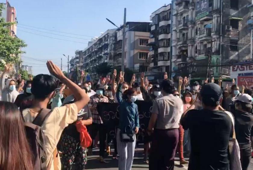 People protest in Hlaing Township, Yangon, in Myanmar, on May 2, 2021. PHOTO: REUTERS