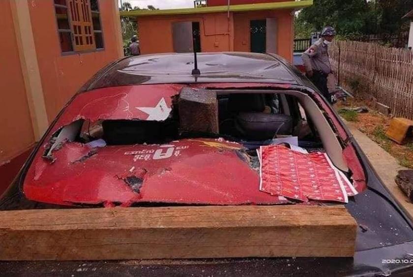 (Caption: NLD party member’s vehicle, a motorcycle and a house and properties destroyed in Kanni, Myaing Township..Ptoto: Aung Kyaw Htay)