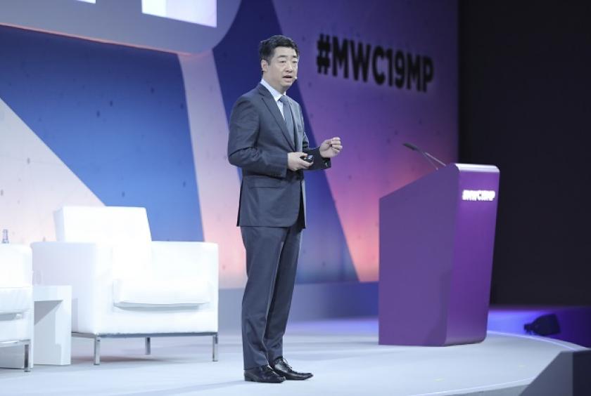 Ken Hu, deputy chairman of Huawei Technologies Co, delivers a keynote address at MWC19 held in Barcelona, Spain.