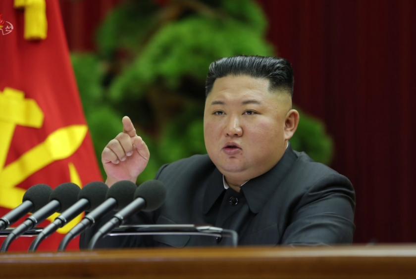 Image taken from Pyongyang’s KCNA`s website shows North Korean leader Kim Jong-un speaking during the fifth Plenary Meeting of the seventh Central Committee of the Workers` Party of Korea on Saturday. (Yonhap)