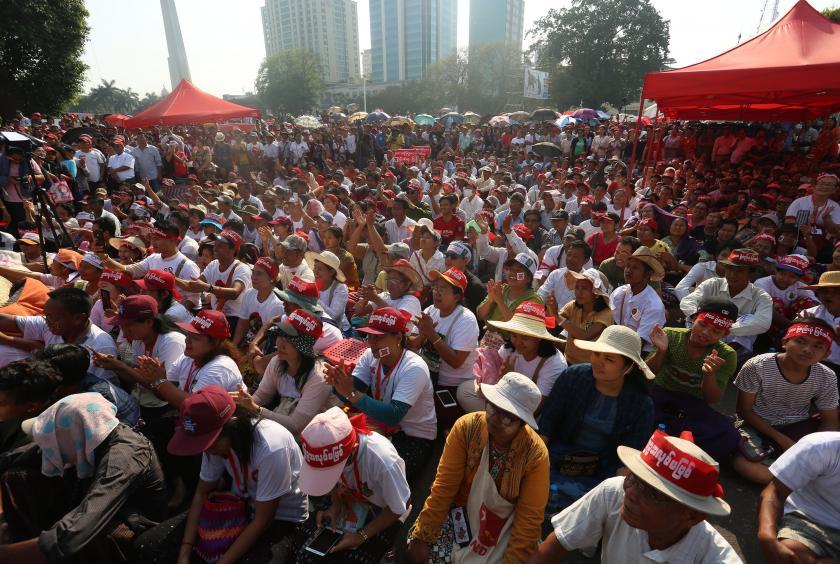 Mass rally in progress before Maha Bandoola Park in Yangon in support of the joint constitutional amendment committee and charter change. 