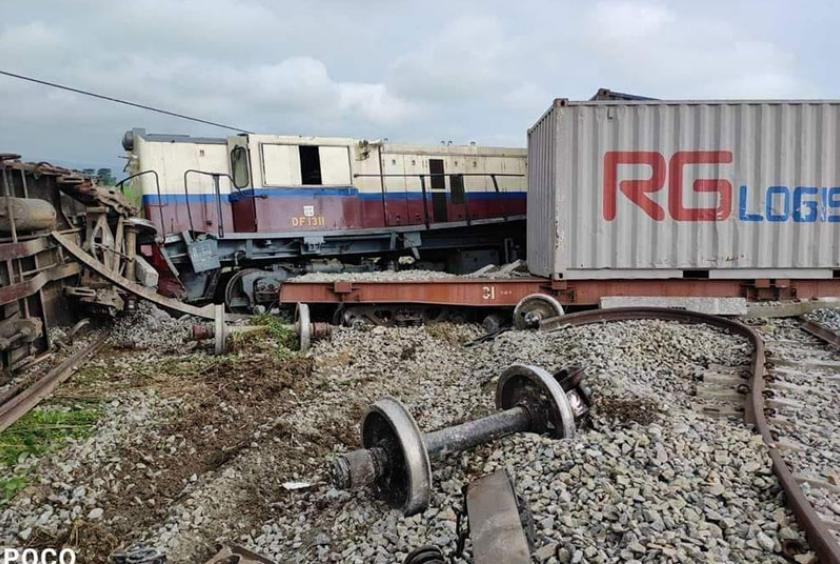 Caption- The image of a freight train hit by mine between Kanyut Kwin and Taw Kywein in Phyu Township on August 18. (Photo-Myanmar Railway)
