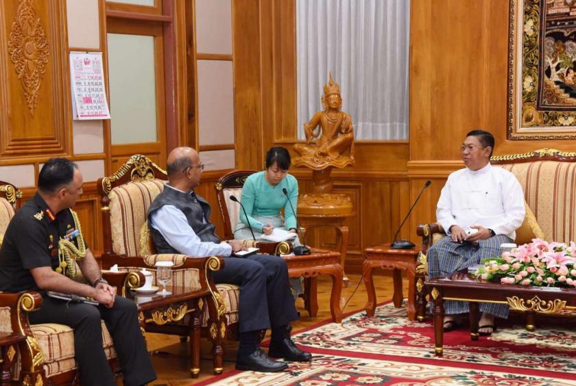 Caption: National Security Adviser Admiral Moe Aung receives Indian Ambassador Mr Vinay Kuma