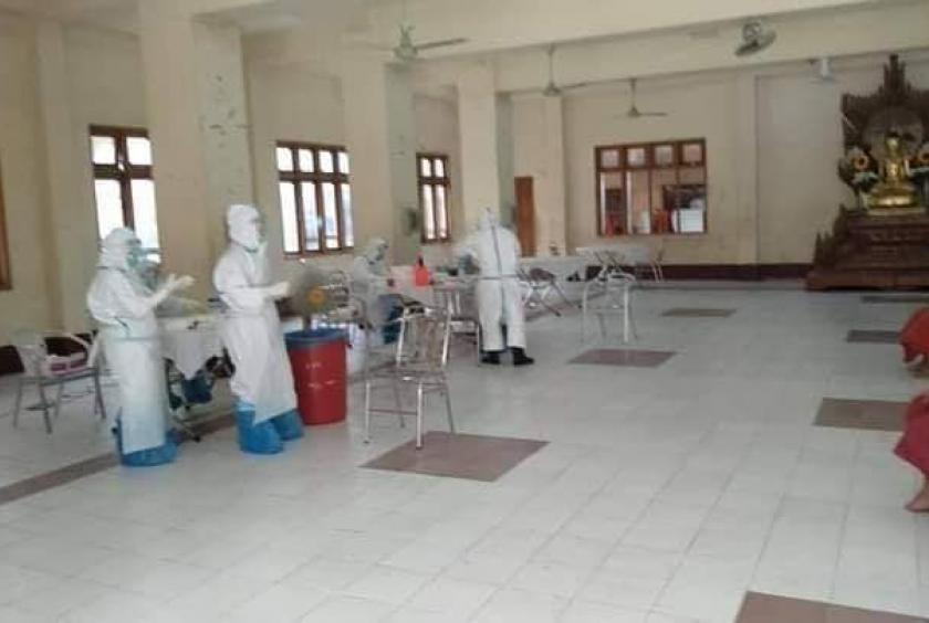 Caption=Test Kit testing is being launched at the Ngwe Kyar Yan Monastery (Photo-Okkala News Facebook)