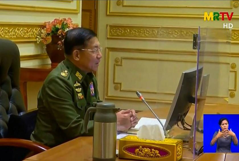 A video screengrab shows shows General Min Aung Hlaing chairing the first Cabinet meeting at the Presidential Palace in Naypyidaw.PHOTO: AFP