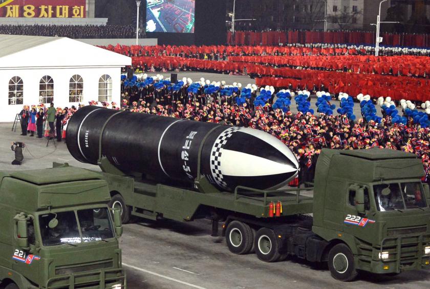 This photo released by North Korea's Korean Central News Agency shows submarine-launched ballistic missiles displayed during a military parade held in Pyongyang on Friday. (KCNA-Yonhap)