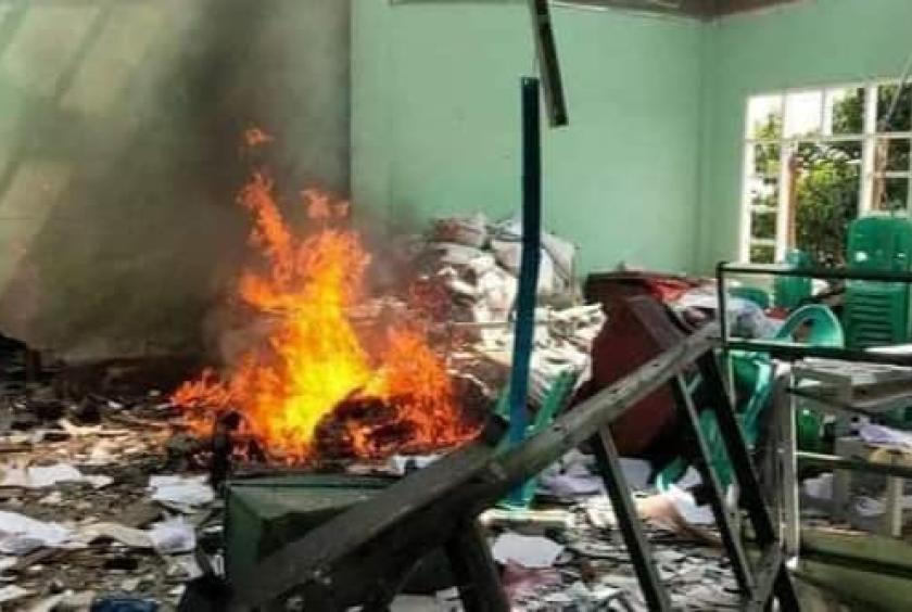 Photo shows the scene of the Namkhio Township Education Officer's Office after it had been attacked with a bomb. (Photo-CJ)