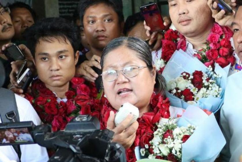Naw Ohn Hla appears in court in Kyauktada Township in October last year on charges of organizing Kayin Martyr’s Day. (Photo-Nay Myo Win)