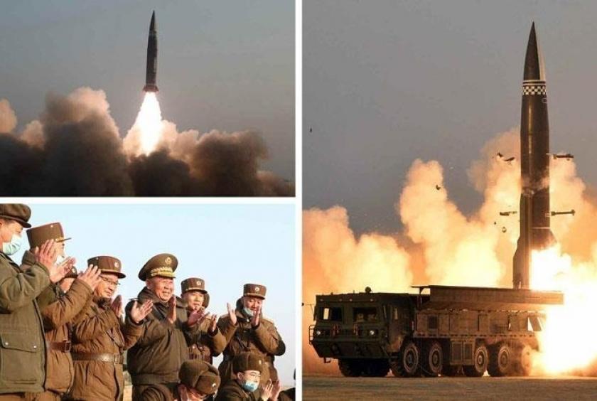 This image captured from the homepage of the Rodong Sinmun, an organ of the North Korean Workers' Party, on Friday, shows the North test-firing a "new-type tactical guided projectile" conducted the previous day. (Rodong Sinmun)