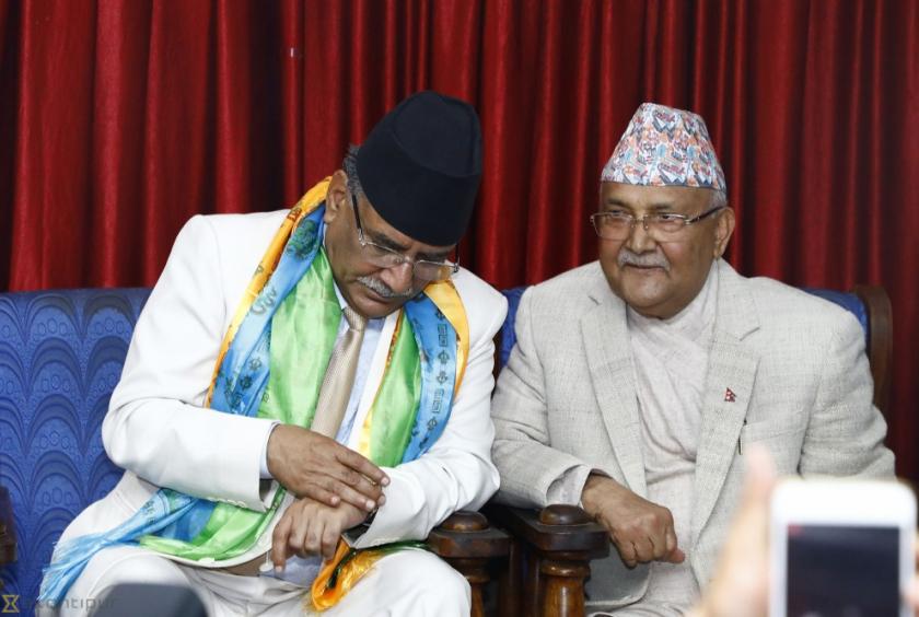 Your time’s up? NCP Co-chairmen Dahal and Oli have been at loggerheads over taking turns to lead the government. Post file photo