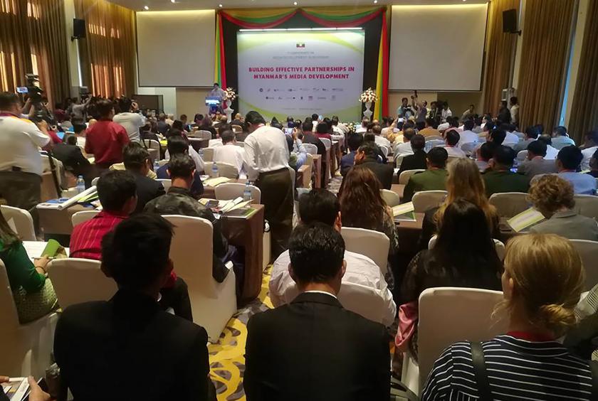 Union Minister Pe Myint makes an opening speech at the 7th Conference on Media Development in Myanmar at ParkRoyal Hotel in Nay Pyi Taw on December 5. 