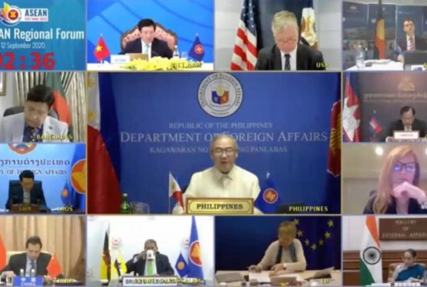 Foreign Affairs Secretary Teodoro L. Locsin Jr. (center) participates in the 27th Asean Regional Forum held, for the first time, via video conference on September 12, 2020. (Photo courtesy of the Department of Foreign Affairs)  
