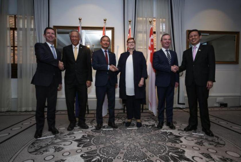 (From left) Australian Minister for Trade, Tourism and Investment Simon Birmingham, Minister for Defence Ng Eng Hen, Minister for Foreign Affairs Vivian Balakrishnan, Australian Foreign Minister Marise Payne, Australian Minister for Defence Christopher Pyne and Minister for Trade and Industry Chan Chun Sing at the Singapore-Australia Joint Ministerial Committee Meeting in Sydney on March 29, 2019.PHOTO: MINDEF