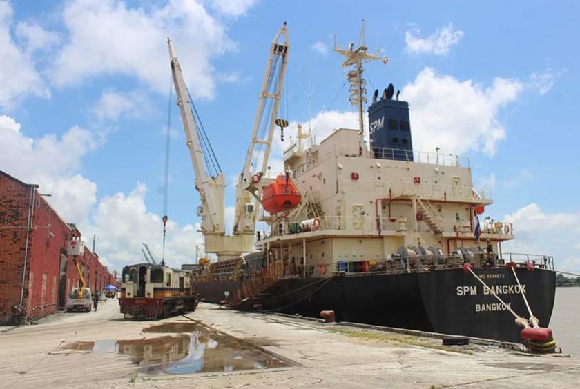 A container ship seen at the Yangon port. 