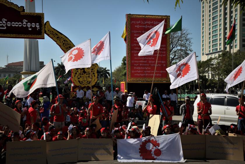Hundreds of workers stage protest in front of Maha Bandoola Park in Yangon on February 10. (Photo-Nay Wun Htet)